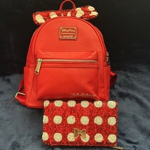 Lipstick 💄 Red Minnie Mouse Polka Dot Loungefly Backpack and Wallet Set!